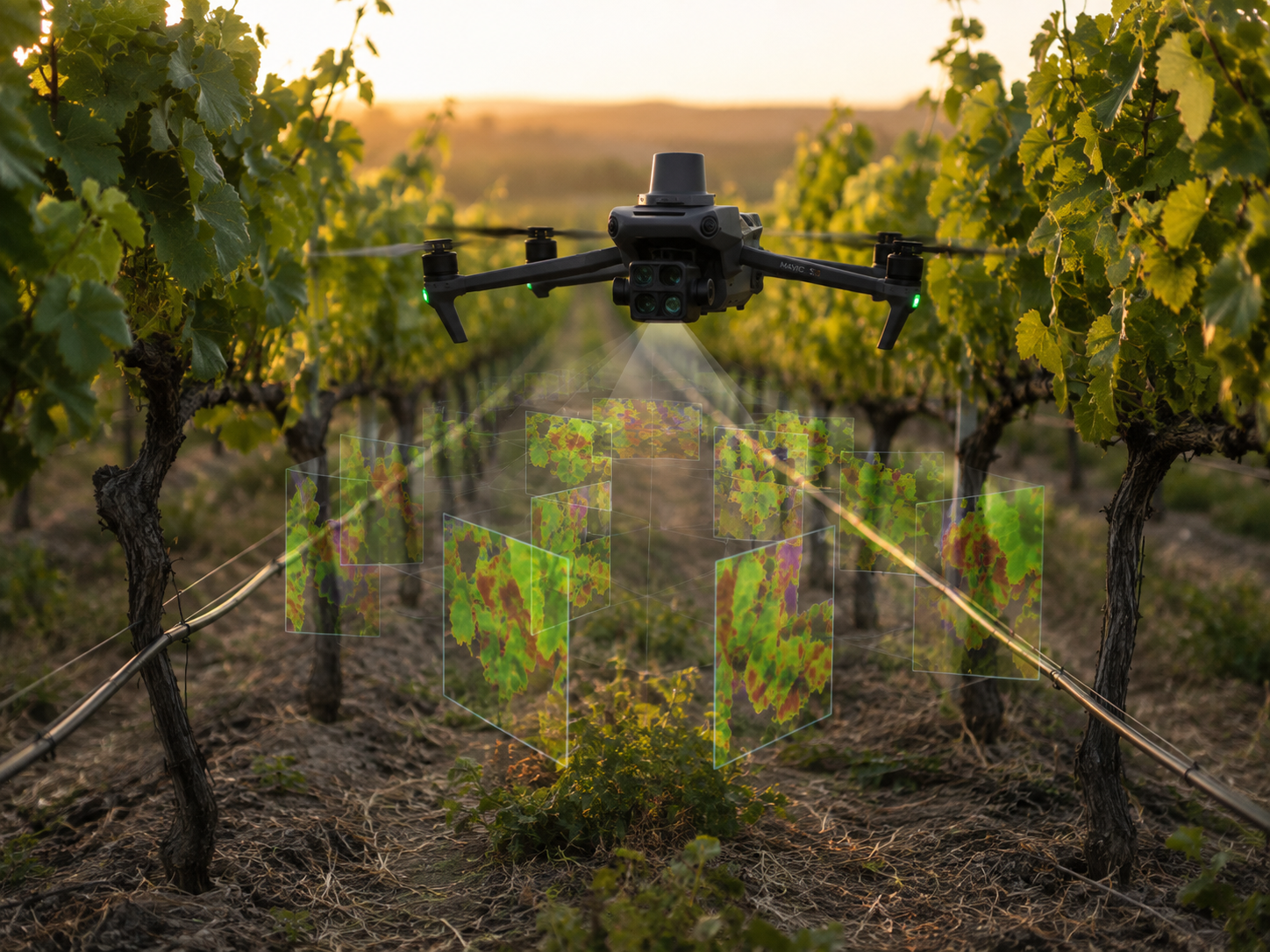 A drone capturing multispectral data over a managed surface