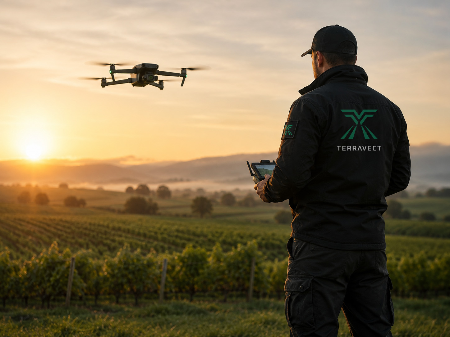 A uniformed Terravect Pilot flying a drone over a vineyard at sunrise