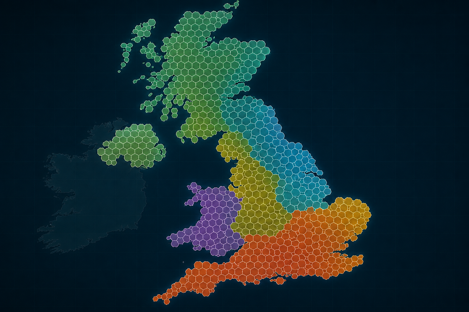 A map of the UK tiled into contiguous pilot zones, coloured by region